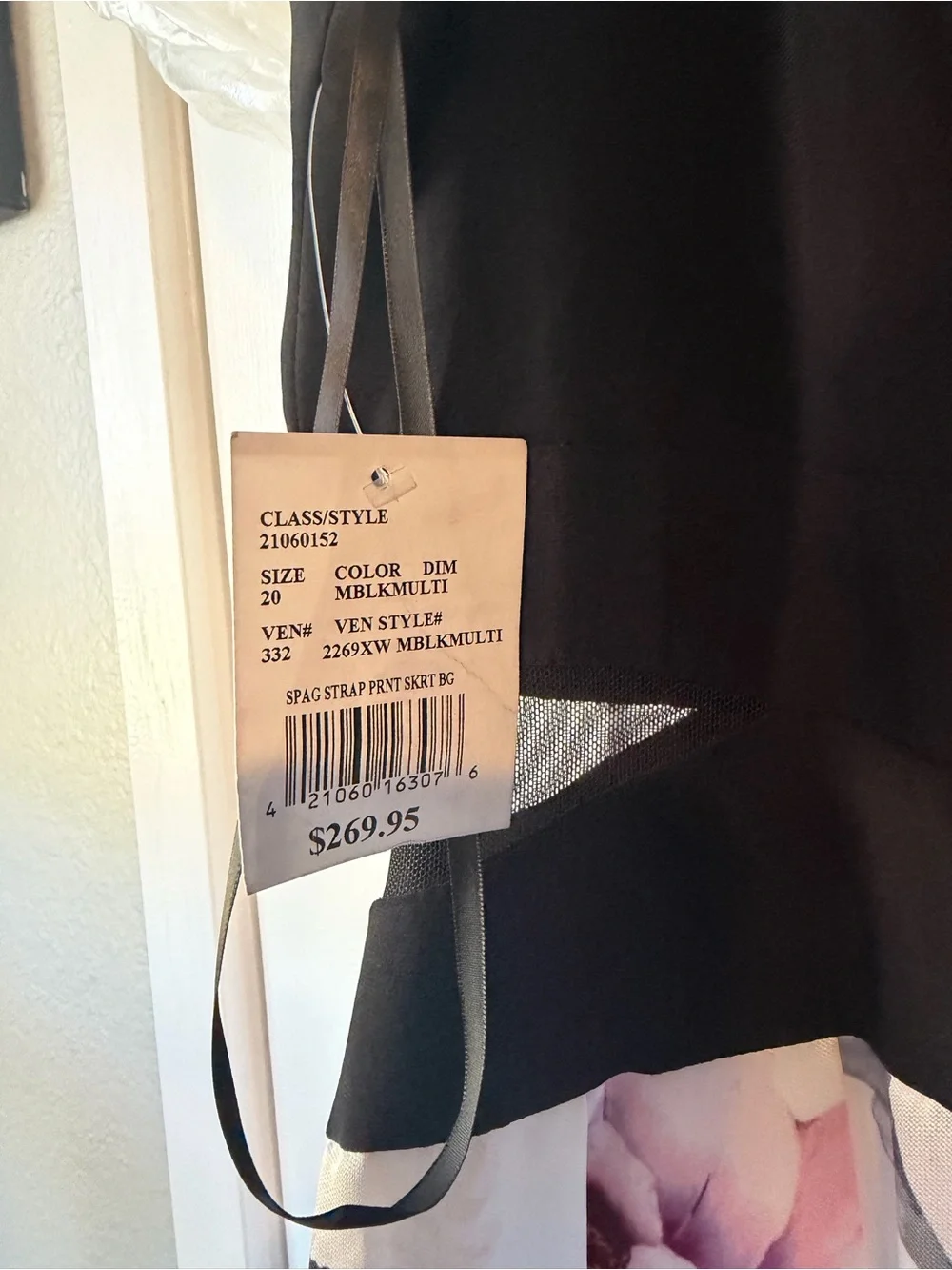 David’s Bridal Floral A-Line Maxi Skirt in White and Pink with a black v-neck